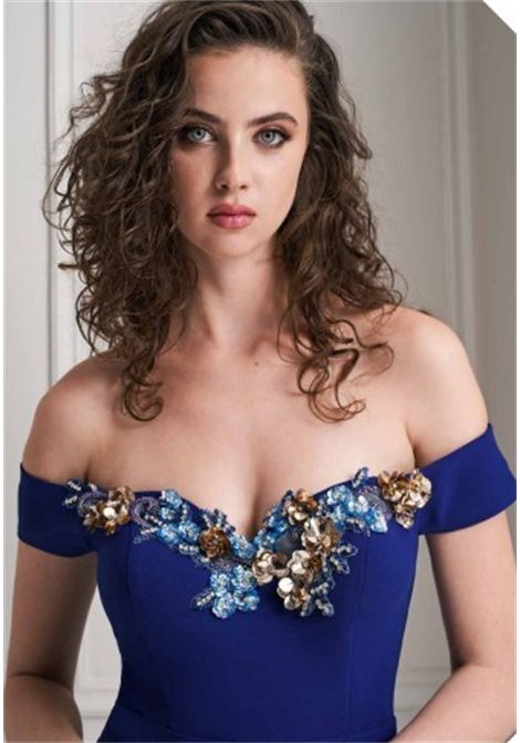 Abito a Sirena Blu Elettrico con Scollo Omerale e Ricami Floreali MISCHALIS | Abiti | M4 87030220